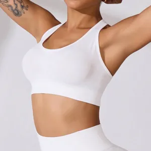 White ribbed high-impact sports bra for women with shockproof fixed cups