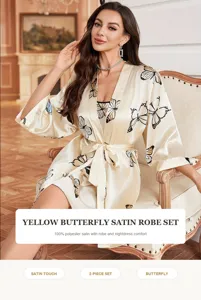 Ensemble peignoir élégant en satin crème avec imprimé papillon, 2 pièces pour femme.