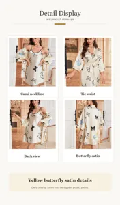 Vue détaillée de l'ensemble peignoir et chemise de nuit en satin à imprimé papillon jaune