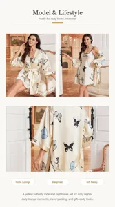 Ensemble élégant de peignoir et chemise de nuit en satin jaune à imprimé papillon pour femme.