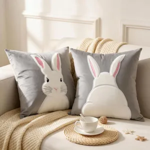 Premium velvet rabbit throw pillow covers with cute embroidery for home sofa decoration