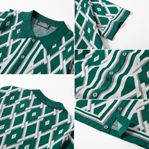 Close-up macro shots of the green geometric jacquard pattern and premium knit fabric