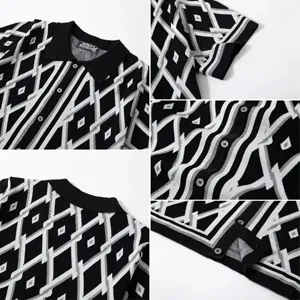 Detailed views of men's knitted polo shirt with geometric jacquard pattern.