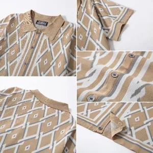 Detail view of men's jacquard knitted polo shirt featuring geometric patterns and button closure