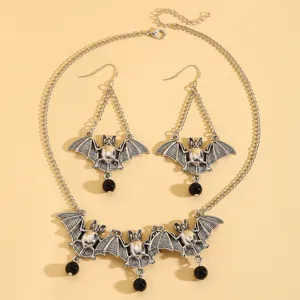 Vintage gotische zilveren vleermuis ketting en oorbellen set met zwarte kralen decoratie