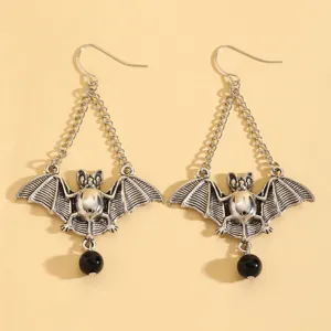 Vintage Gothic zilverkleurige vleermuis hangorbellen met zwarte kralen voor Halloween