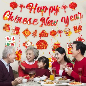 Detailed view of 2027 Year of the Ram Chinese New Year festive party decorations