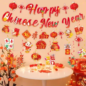 Detailed view of 2027 Year of the Sheep Chinese New Year party banner and hanging decorations