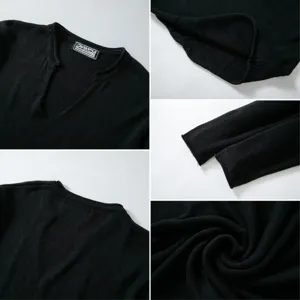 Nahaufnahme eines schwarzen Strickpullovers mit V-Ausschnitt und Stofftextur