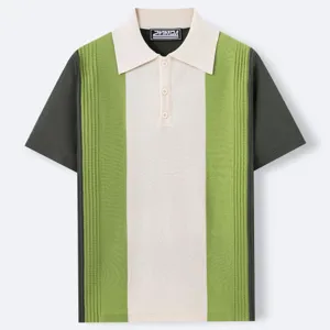 Macro detail of men's color-block knit Polo shirt featuring vertical ribbed texture