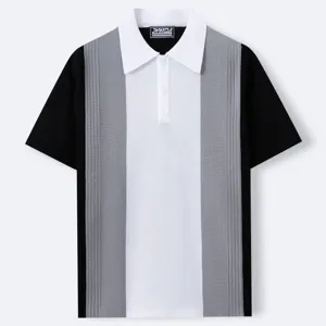 Men's short-sleeve knit polo shirt featuring a black, grey, and white color block design.