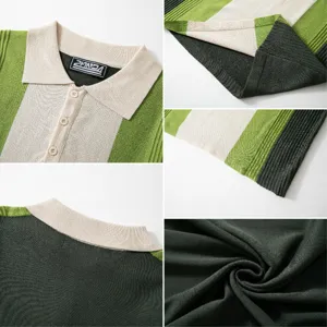 Close-up detail of summer knitted polo shirt with green and cream color block design