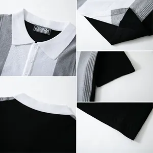 Detailed views of a men's casual color-block knit polo shirt with refined stitching
