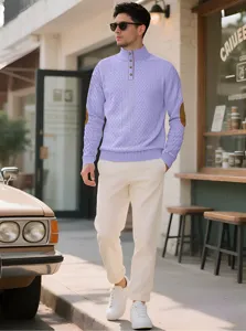 Men's light purple stand collar jacquard sweater with buttoned neck and elbow patches