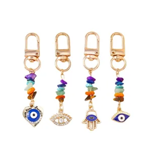 Fashionable evil eye keychains with colorful natural stones and rhinestones for bags