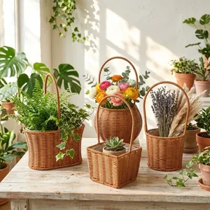 Rustic woven flower baskets in various shapes for home plant decor and storage