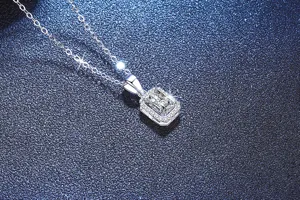 Close-up of radiant cut moissanite pendant necklace crafted in S925 sterling silver