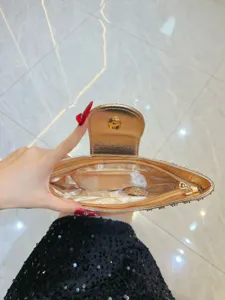 Detailansicht der goldenen Strass-Abendtasche mit champagnerfarbenem Satinfutter