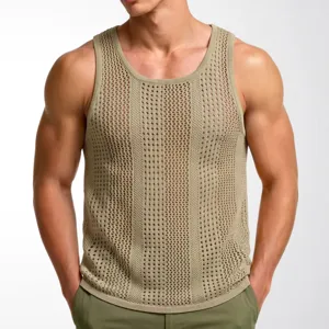 Close-up of men's khaki knit mesh tank top showing breathable hollow texture and deep U-neck