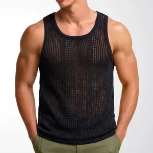 Detailed macro view of men's black sleeveless mesh knit tank top with deep U-neck design