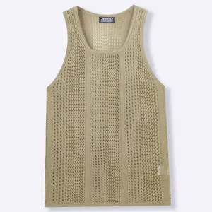 Close-up detail of a khaki knitted mesh tank top featuring a stylish deep U-neck design