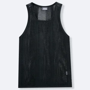 Detail view of black knit mesh tank top with deep U-neck for men's summer casual style