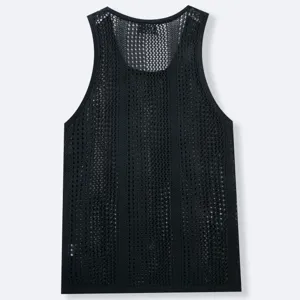Detailed view of black knitted mesh tank top for men with deep U-neck and vertical texture