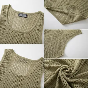 Close-up details of men's olive knit mesh tank top showing hollow out fabric texture.
