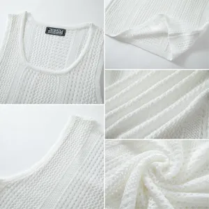 Close-up of white knitted mesh tank top fabric and U-neck collar detail