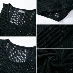 Close-up of black knitted mesh fabric texture and U-neckline on men's tank top.