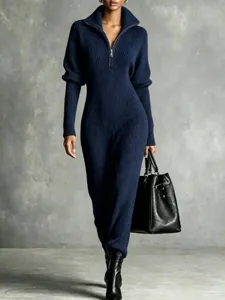 Elegant navy blue ribbed knit long sleeve jumpsuit with high collar and front zipper