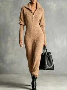Stylish autumn knitted long-sleeve jumpsuit with high-neck half-zipper and slim fit
