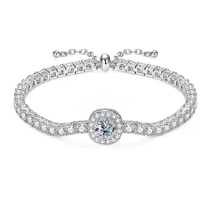 Verstellbares Silber-Moissanit-Tennisarmband mit einem quadratischen Halo-Mittelstein