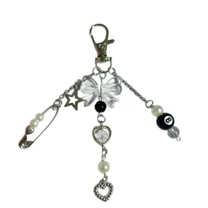 Handmade silver star and transparent bow keychain with beads for sweet girl style accessories