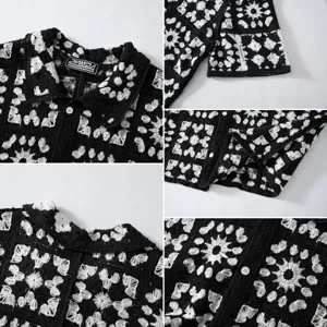 Detailed close-up of a black and white crochet knit Polo shirt with intricate floral patterns.