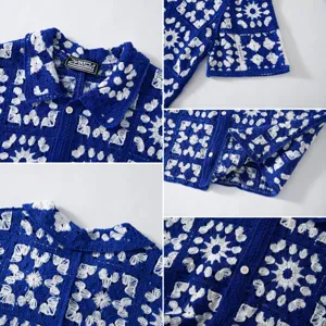 Detailed macro view of the intricate blue and white crochet knit pattern on a polo shirt.