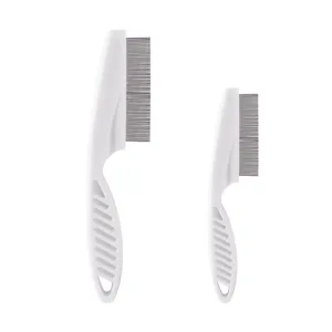 Set of two white professional fine-tooth pet flea combs for grooming and cleaning