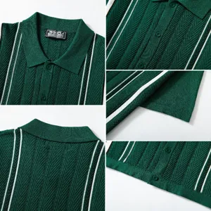 Photos détaillées en gros plan d'un polo pour hommes en tricot rayé vert à chevrons