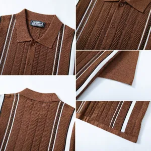 Vue détaillée de la texture tricotée à rayures marron et du col d'un polo pour hommes