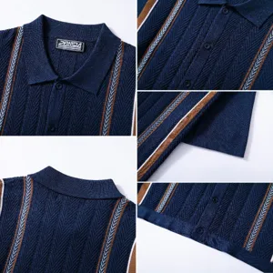 Vue détaillée de la texture en maille à chevrons d'un polo rayé bleu marine pour homme
