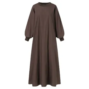 Casual loose plus size round neck ribbed long sleeve maxi dress in brown