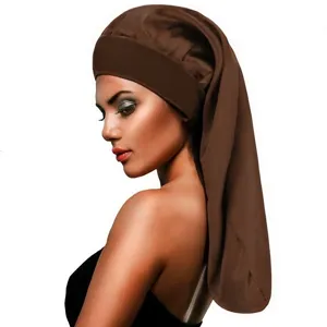 Extra long brown satin sleeping bonnet with wide elastic band for women hair care