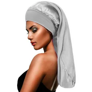 Premium silver long tail satin sleep cap featuring wide elastic band for curly hair protection