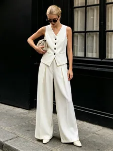 Traje De Mujer Chaleco Casual Estilo Coreano Y Pantalón De Pierna Ancha Elegante Chaleco Con Botones Cuello En V Y Pantalón