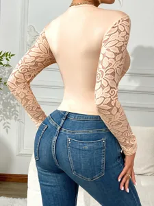 Back view of sexy nude sheer lace long sleeve top with leaf pattern detail