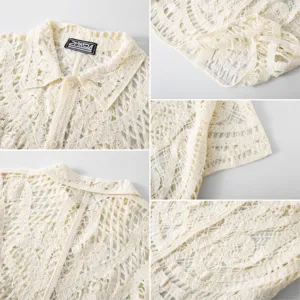 Detail view of cream crochet lace knit polo shirt for men featuring hollow-out pattern