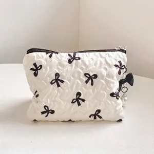 Schleifenmuster Gesteppte Polyester Kosmetiktasche Süße Make-Up Organizer Tragbare Ästhetische Tasche Mit Künstliche Perlen-Reißverschluss Reise