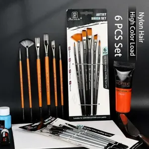 Ensemble de 6 pinceaux d'artiste professionnels avec peinture acrylique et couteau