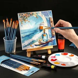 Kit de pinceaux professionnel avec peinture acrylique et palette d'artiste bleue.