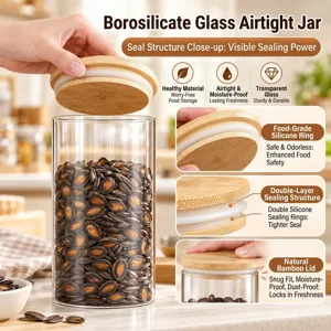 Sealed high borosilicate glass storage jar with airtight bamboo lid for kitchen snacks
